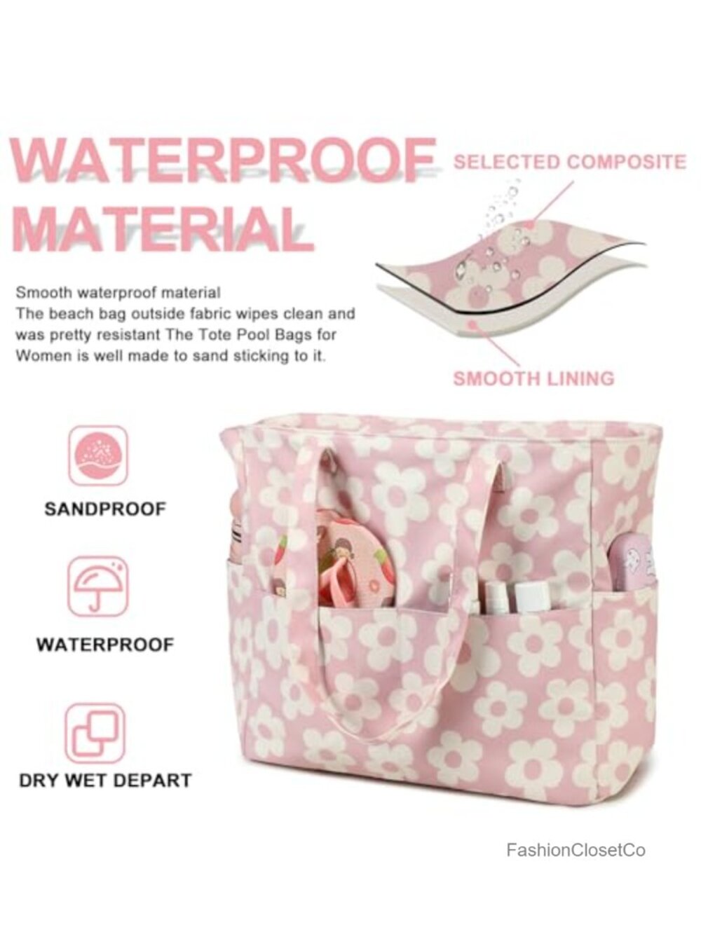Waterproof Beach Tote Bag with Wet Compartment, Large Travel Pool Bag, Striped - Picture 3 of 5